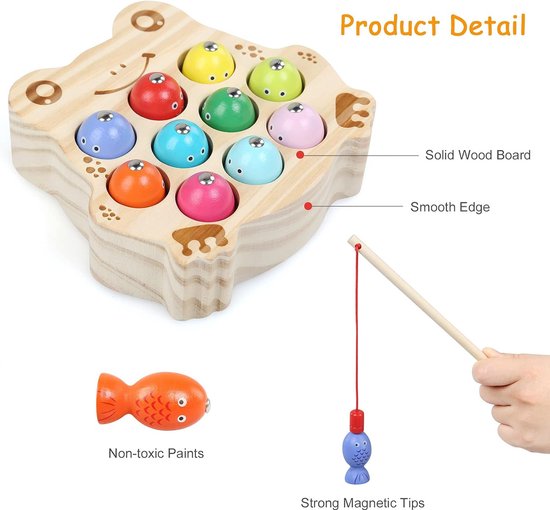 Jeu De Pêche Magnétique En Bois – Montessori – 10 Poissons, 2 Cannes – Dès 3 Ans – Éducatif, Couleurs, Motricité – Cadeau Fille/garçon