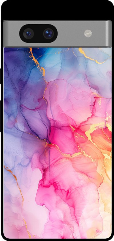 Google Pixel 7 Pro telefoonhoesje met een abstracte marmerprint in regenboogkleuren en gouden accenten.