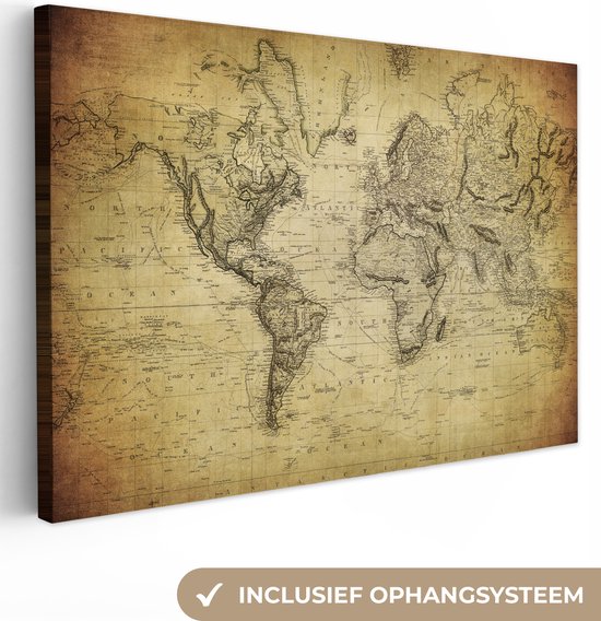 Foto: Canvas schilderij oude wereldkaart 90x60 kamer decoratie accessoires schilderijen wereld kaart woonkamer vintage world map wanddecoratie slaapkamer muurdecoratie keuken wanddoek interieur woondecoratie woonaccessoires