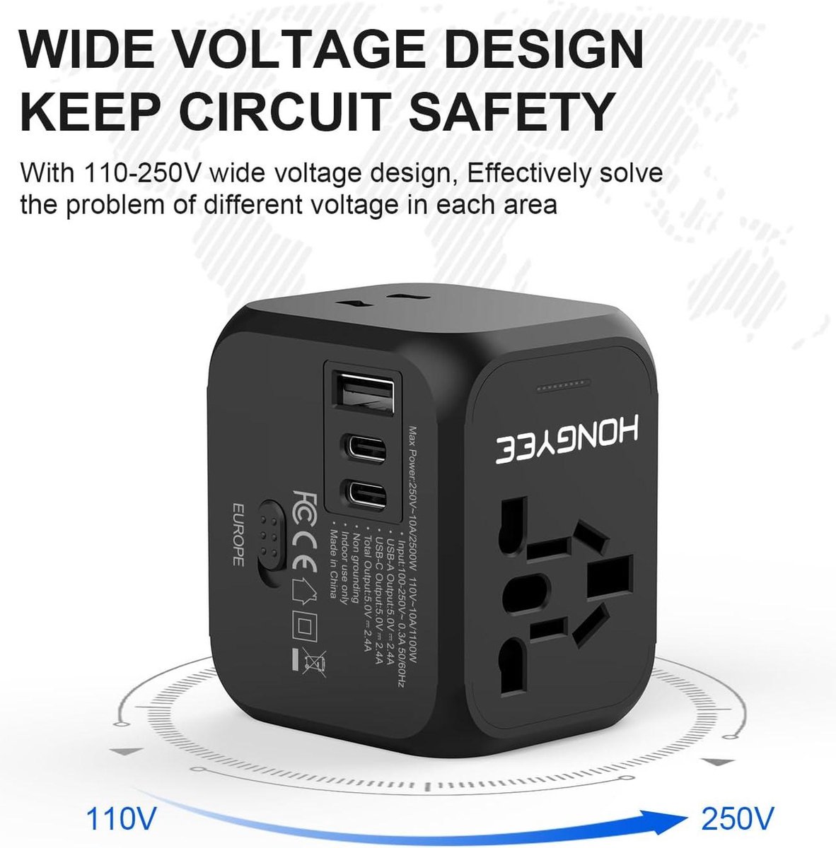Reisadapter wereldwijde set, universele adapter met USB C, type A
