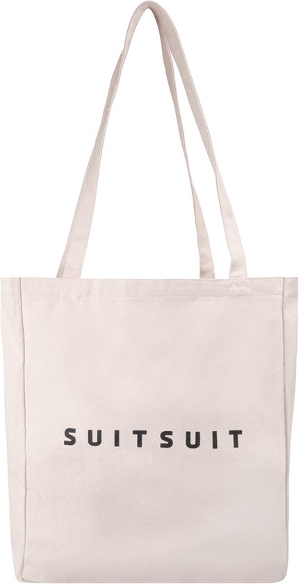 Crèmekleurige katoenen draagtas met 'SUITSUIT' logo. Afmetingen: 41.5 cm hoog, 35 cm breed, 11.5 cm diep.