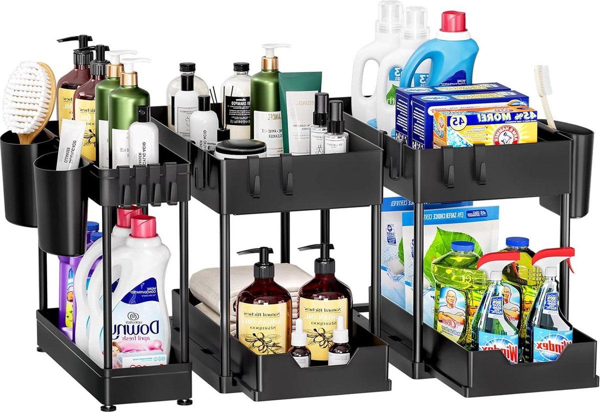 3 Pack Puricon Organizer Trek-uit Opslag 2 Tier Badkamer Aanrecht - Zwart
