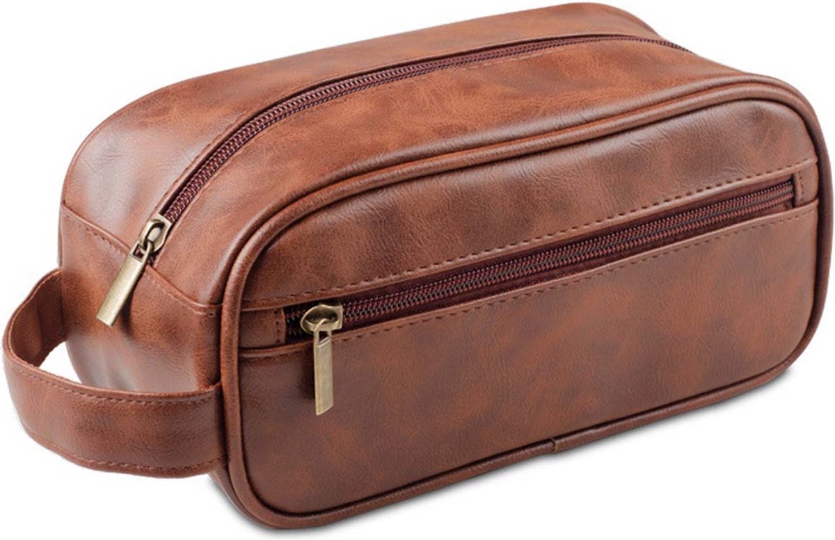Yucka - Vintage PU leren heren toilettas met haak - Luxe reistas voor hem - Lichtbruin