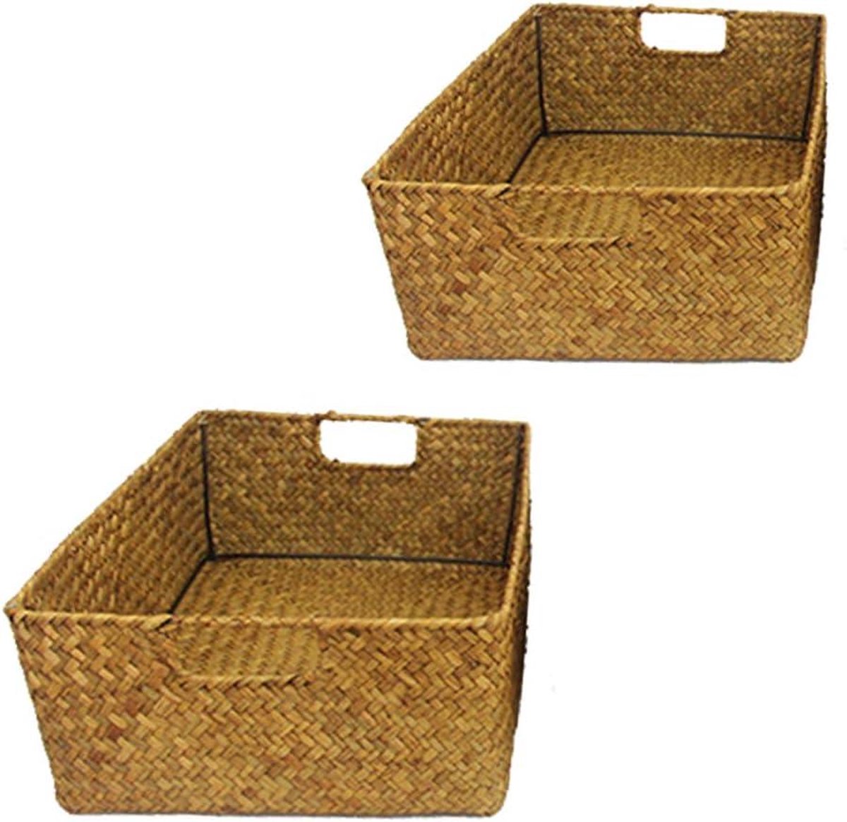 Handgemaakte zeegras opbergmand met handvat - rechthoekig - 33 x 23 x 11 cm