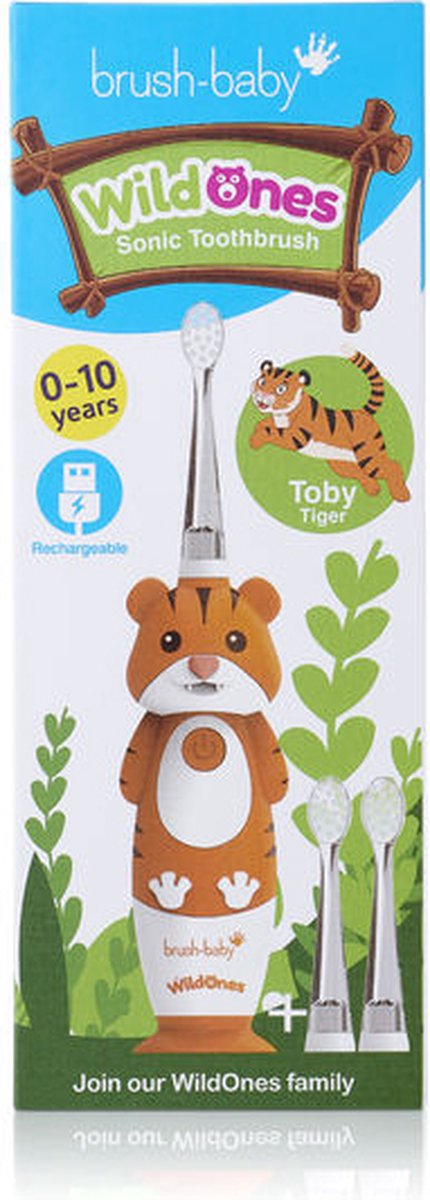 “Voordeel Set Tijger” | Brush-Baby | Electrische Oplaadbare Kindertandenborstel + Gratis Tandpasta* | WildOnes | Toby de Tijger | 0 - 10 jaar | 3 opzetborstels | 2 poetsstanden | Timer & Pulse | Disco licht | Zuignapvoet |