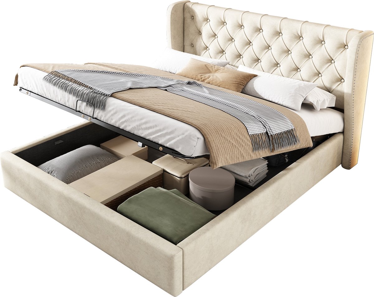 Merax Velvet Gestoffeerd Tweepersoonbed met Oorvormig Hoofdbord - 140x200 cm Bed met Hydraulische Opbergruimte - Beige