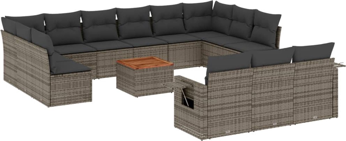 vidaXL 14-delige - Loungeset - met - kussens - poly - rattan - grijs