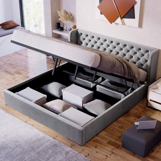 Gestoffeerd bed, fluweel, 160 x 200 cm, tweepersoonsbed met verlengd hoofdeinde en rugleuning, planken aan beide zijden van het hoofdeinde, met lattenbodem, fluweel, grijs