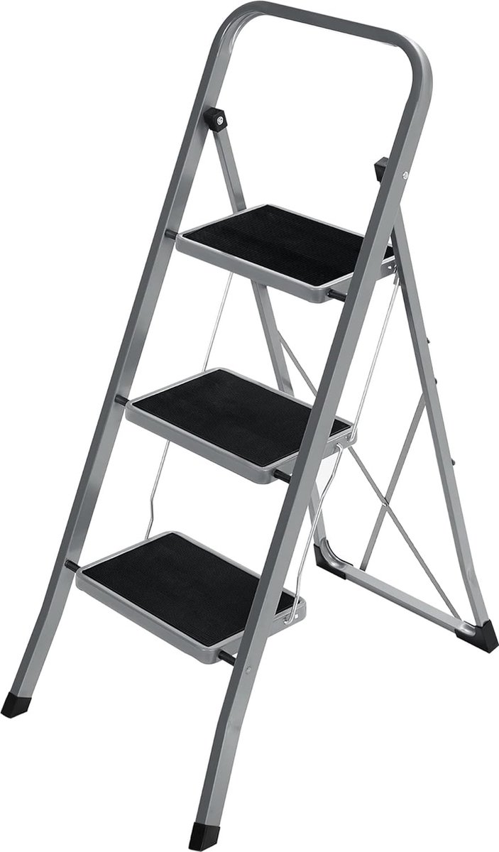 FurnStar - Trapladder - 3-Stapsladder - Vouwladder - Veiligheidsslot - Ruimtebesparende Opslag - Draagvermogen tot 150 kg - Duifgrijs