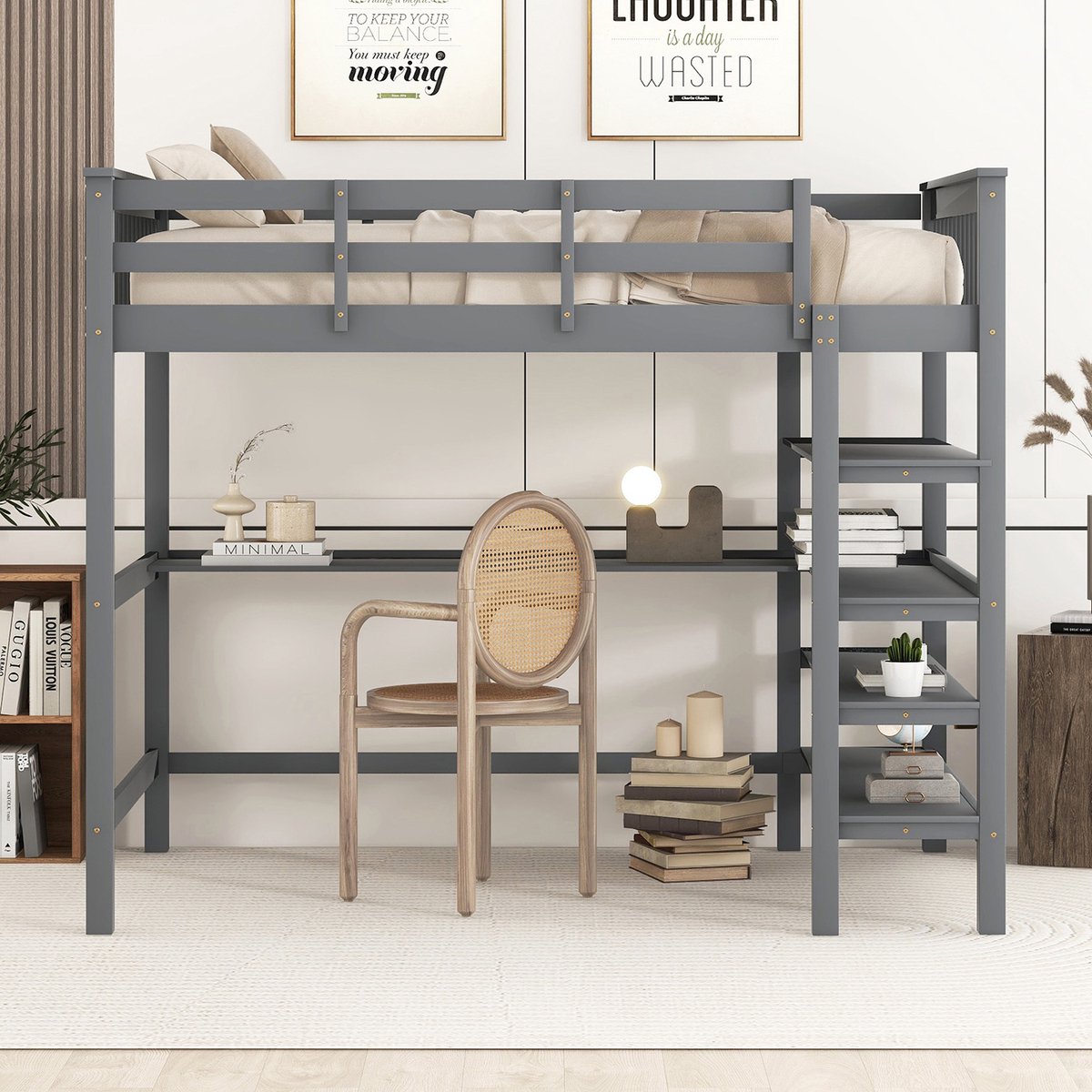 KOMHTOM Kinderbed Kajuitbed 140x200 cm met opbergvak en bureau onder het bed grijs