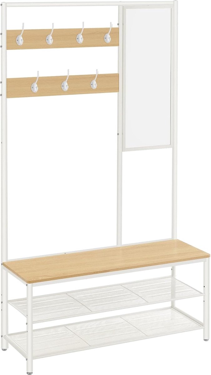 FurnStar - Kapstok met schoenenopberger - Kapstok voor gang met spiegel - Haken - Bank en schoenenplanken - 35 x 98 x 180 cm - Hal - slaapkamer - Entree - Industrieel - Eiken Kleur+wit