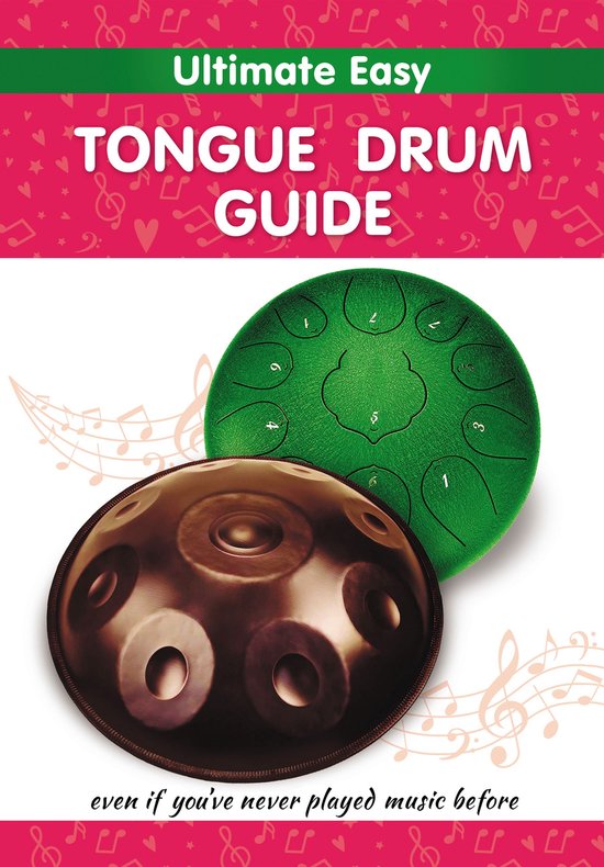 Livre 'Ultimate Easy Tongue Drum Guide' avec un tambour à langue vert et un brun.