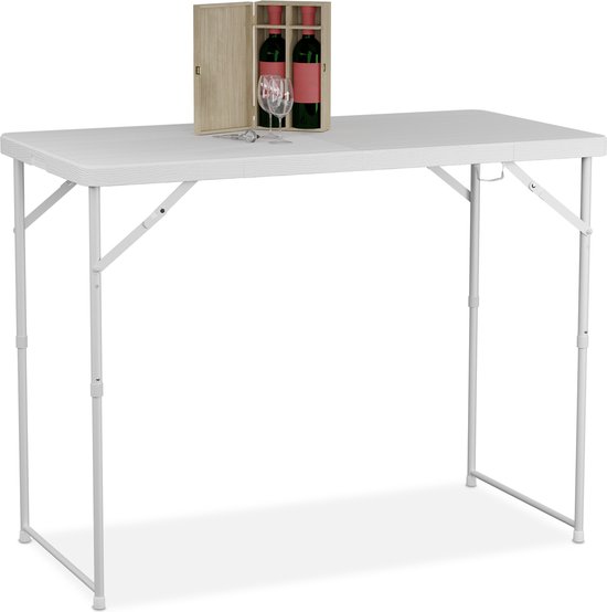Todeco Campingtafel, in hoogte verstelbaar, tuintafel, rechthoekig met draaggreep, partytafel, 120 x 60 x 76 cm, biertenttafel, breed, voor camping, BBQ, party, buffet, bruiloft, wit