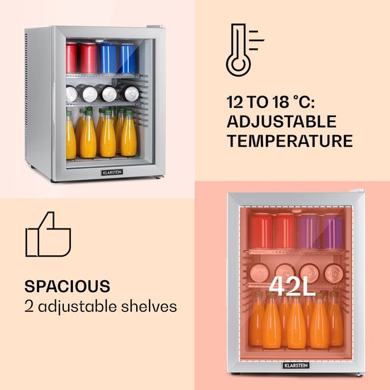 Klarstein minikoelkast met glazen deur, minikoelkast voor drankjes, snacks en cosmetica, kleine en stille koelkast, verstelbare planken, kleine huidverzorgingskoelkast 12-18 °C, 42 liter van Klarstein — afbeelding 4