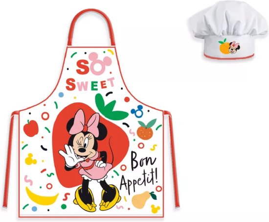 Wit kinder schort met Minnie Mouse, fruit en 'So Sweet Bon Appetit!' tekst. Inclusief koksmuts met Minnie Mouse print.