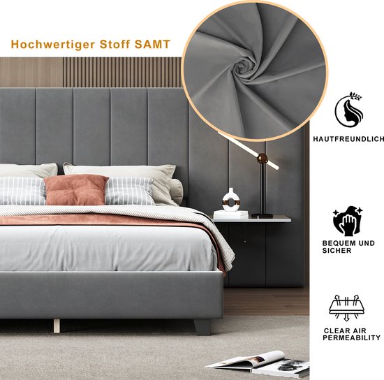 Zravenna Gestoffeerd bed 160x200 met bedlade, tweepersoonsbed bedframe met opbergruimte, linnen, metalen bed met lattenbodem (zonder matras), grijs