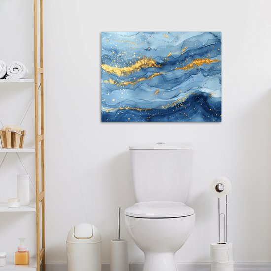 Peinture sur toile 70x50 cm - Décoration murale salle de bain Aquarelle - Blauw - Art - Or - Luxe - Moderne - Décoration murale WC - Accessoires décoratifs - Décoration murale Toilettes - Peintures sur toile