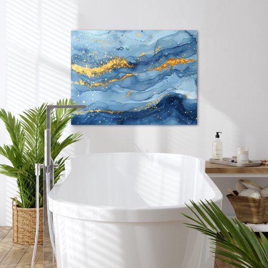 Peinture sur toile 70x50 cm - Décoration murale salle de bain Aquarelle - Blauw - Art - Or - Luxe - Moderne - Décoration murale WC - Accessoires décoratifs - Décoration murale Toilettes - Peintures sur toile