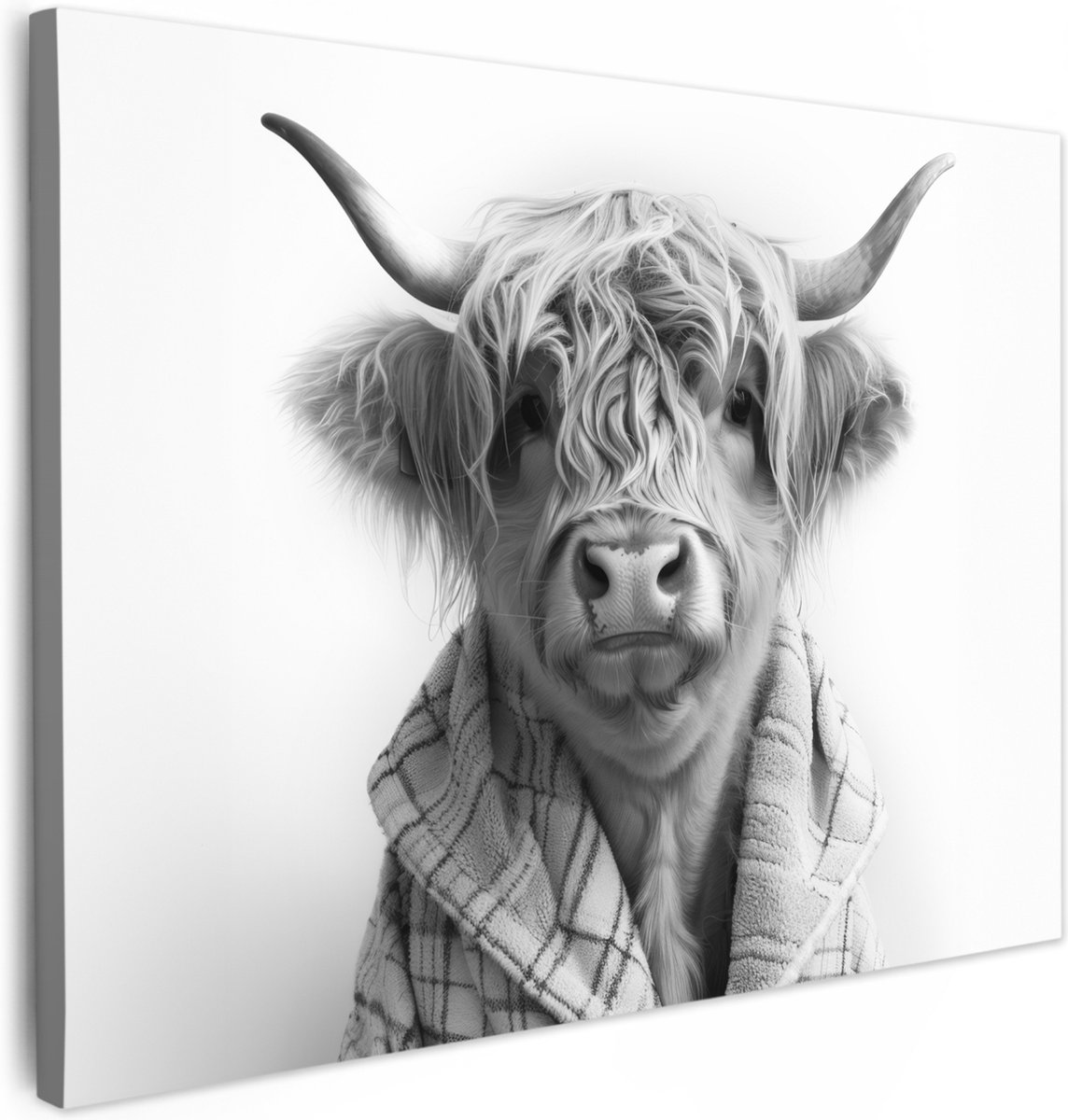 Canvas schilderij 70x50 cm - Wanddecoratie badkamer Schotse Hooglander - Koe - Badjas - Zw