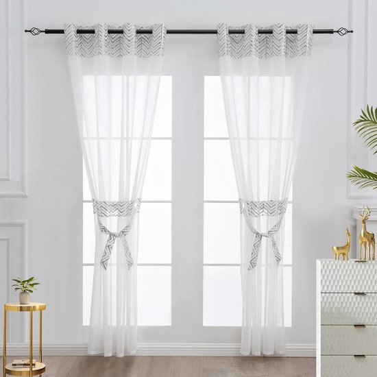 Miulee Gordijnen, transparant, voile met inslagringen voor woon- en slaapkamer, set van 2 stuks, 175 x 140 cm, gestreept
