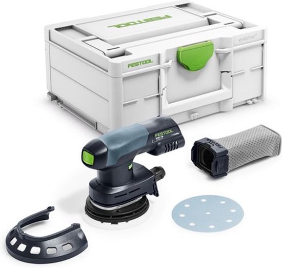 Festool ETSC 125-Basic accukantschuurmachine met Festool Systainer, schuurschijf, stofzak en extra opzetstuk.