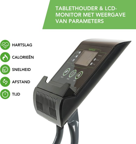 Tablet houder en LCD monitor met hartslag, calorieën, snelheid, afstand en tijd weergave.