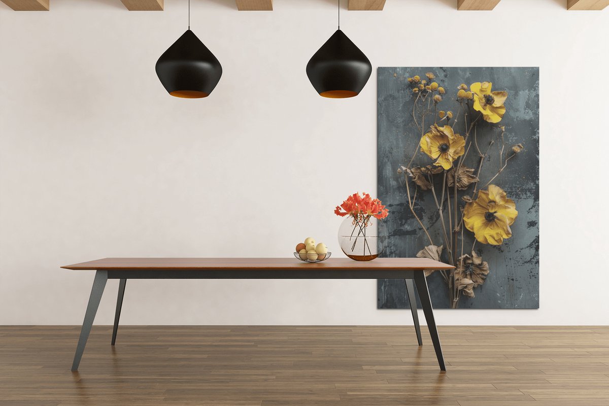 Trendex Global Canvas Schilderij - Gedroogde Bloemen - Geel - Wall Art - 90x60x2 cm