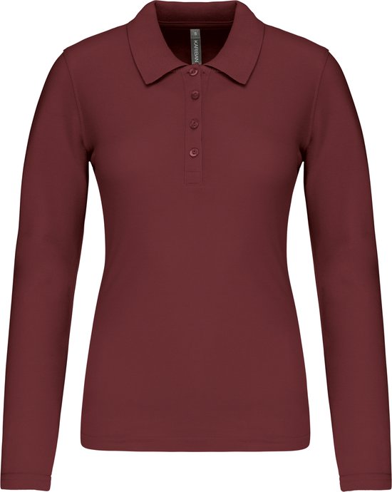 Polo bordeaux à manches longues pour femme, boutons et col.
