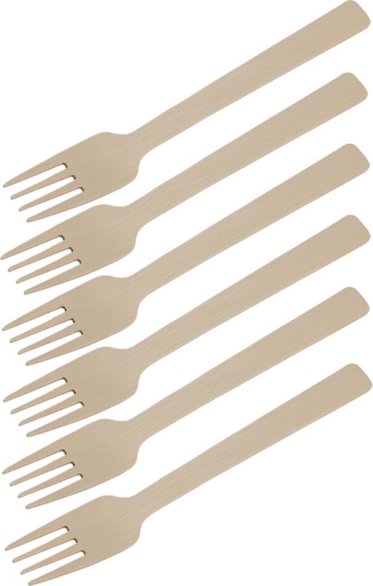 Zes lichte, beige bamboe vorken op een rij, diagonaal geplaatst.