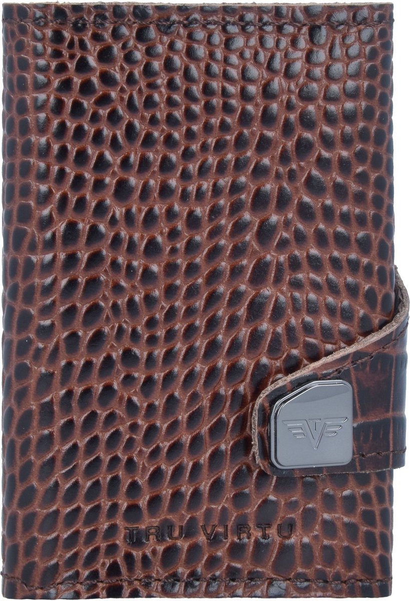 TRU VIRTU Leren Kaarthoes Click & Slide Wallet Croco Brown / Silver Bruine