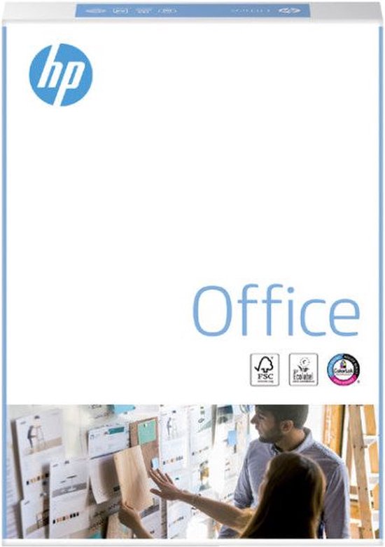 Doos HP Office papier met de tekst "Office" en icoontjes van FSC en EcoLabel.
