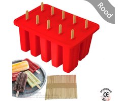 Borvat® - Ijsvormpje Silicone - 10 stuks ijsjes - BPA Vrij - Ijsvormpje Magnum met 10 holtes en 100 stokjes - Rood