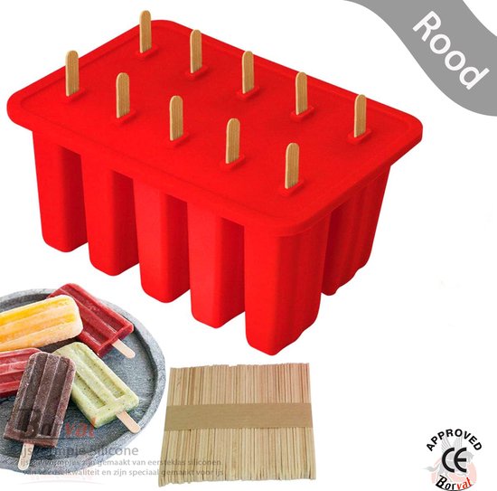 Foto: Borvat ijsvormpje silicone 10 stuks ijsjes bpa vrij ijsvormpje magnum met 10 holtes en 100 stokjes rood