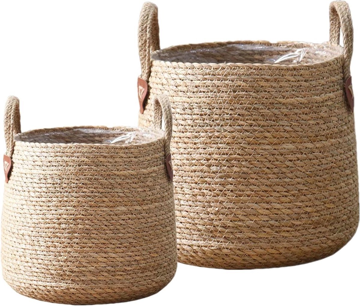 Grote plantenmand set van 2 gevlochten bloemmand van zeegras handgeweven bloempotten met waterdichte voering opbergmand voor kamerplanten 22 cm en 28 cm diameter Flower Hanger