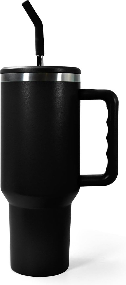 Beker met handvat en rietje 1200 ml dubbelwandig vacuüm roestvrij staal draagbare autobeker reisfles koffiebeker voor onderweg of kantoor houdt koffie thee urenlang warm of koud
