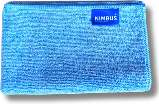 Blauwe microvezeldoek met NIMBUS label op witte achtergrond.