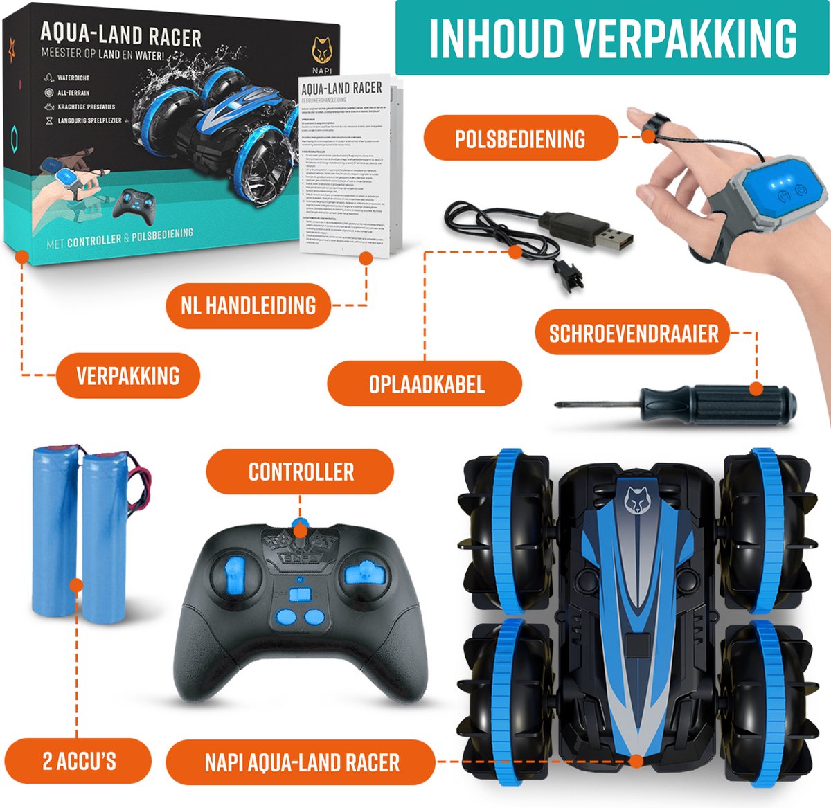 Napi Bestuurbare Auto All-Terrain - RC Auto met 2 Accu's - Waterdicht - Speelgoed Autos Jongens - Buitenspeelgoed - Race Car/Boot Land & Water - 1,5u Speelplezier - Radiografisch - Aqua-Land Racer — afbeelding 8