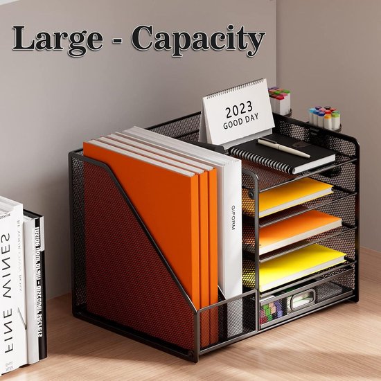 SUPTIDY Bureau-organizer met aktjeshouder, 5-traps papieren organizer met lade, mesh, bureaudossiersorganizer met tijdschriftenhouder voor kantoor, organizer, bureau, wit