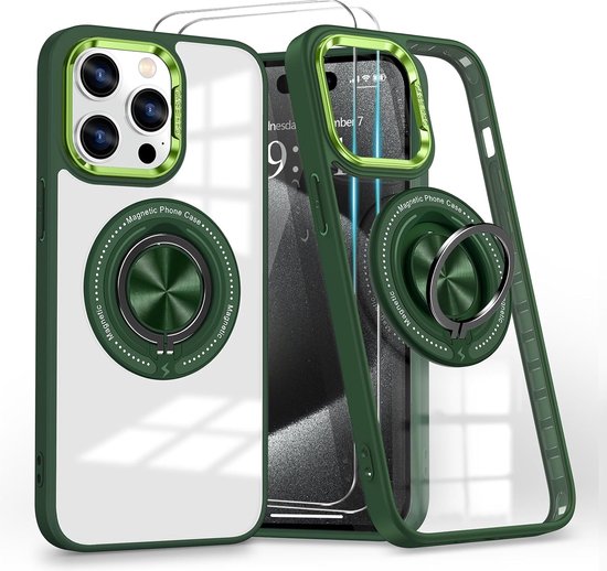 Coque adaptée pour iPhone 15 Pro Max Coque Arara pour Magsafe Coque rigide transparente – Béquille avec Ring rotatif et 2 protecteurs d'écran – Vert