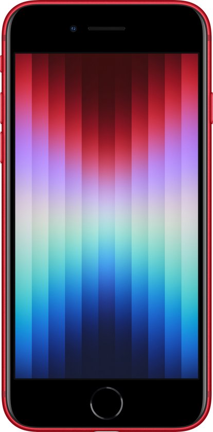 Rode iPhone SE (2022) met voorzijde zichtbaar. Kleuren-wallpaper op het scherm.