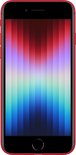 Rode iPhone SE (2022) met voorzijde zichtbaar. Kleuren-wallpaper op het scherm.