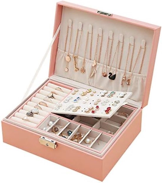 Sieradendoos 2 lagen PU-leer sieradendozen voor vrouwen meisjes tieners mannen juwelendoos sieraden organizer doos sieraden opslagdoos met slot verwijderbare verdeler voor oorbellen ringen kettingen horloge