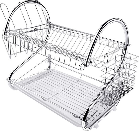 Afdruiprek 3 niveaus, afdruipmand met bestekmand en afdruipbak, afdruiprek anti-roest, servies afdruipbak, keukenhouder voor werkblad, spoelbak, 42 * 25 * 43.5 cm (zilver