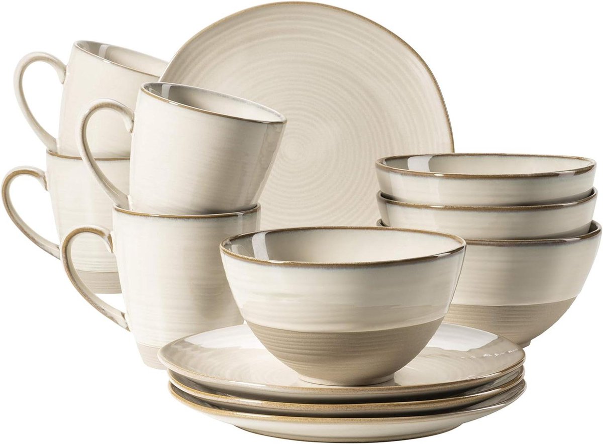 Serviesset 12 persoons MÄSER 931818 serie Nottingham Vintage 12-delig ontbijtservies onregelmatige ronde vormen retro look aardewerk Serviesset 12 persoons