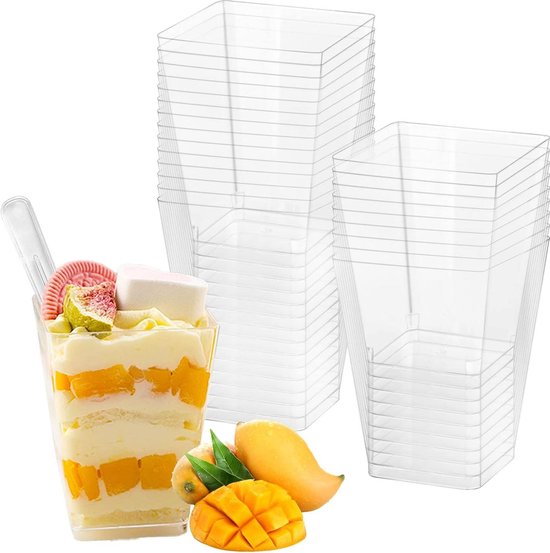 Plastic dessertbekers, 50 stuks dessertbekers met lepels, 60 ml pudding glazen, herbruikbare plastic dessertglazen, trapeziumbekers voor mousse, ijs, dessertfeestjes Plastic dessertbekers, 50 stuks dessertbekers met lepels, 60 ml pudding glazen, herbruikbare plastic dessertglazen, trapeziumbekers voor mousse, ijs, dessertfeestjes