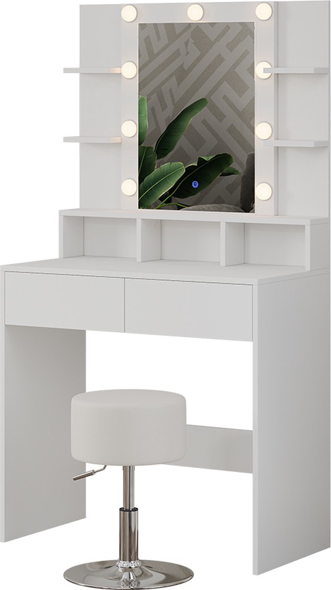 Vicco Kaptafel set met kruk Taylor, Wit, 80 cm met spiegel, LED-verlichting en kruk
