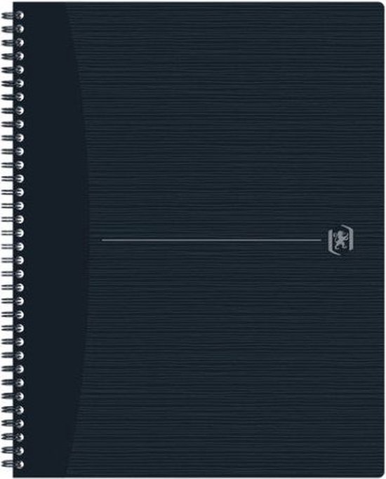 Carnet noir A4+ à spirale, ligné horizontalement avec un logo gris.
