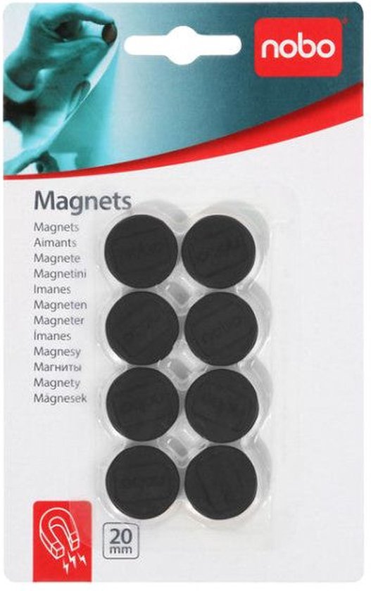 Verpakking met 8 ronde, zwarte magneten van 20 mm.