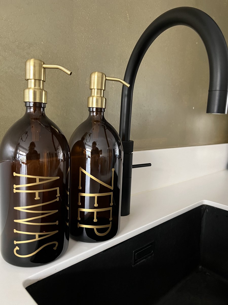 BBBLS Design Dispenser Giftset "Zeep Afwas" | Bruin Glas | 1 liter | RVS / Metaal Pomp Goud | Zeeppomp | Zeepdispenser | Zeephouder