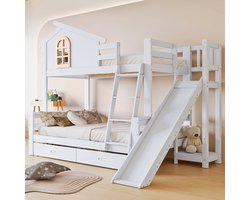 SWeiko Dubbeldekbed met Markante ramen en vier niveaus roltrap, Glijbaan, 90x200cm en 120x200cm met twee laden, massief houten bedframe, Wit,